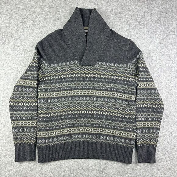 Banana Republic Shawl Collar Sweater Mens L Gray Fair Isle Geometric Merino Wool - Picture 1 of 13